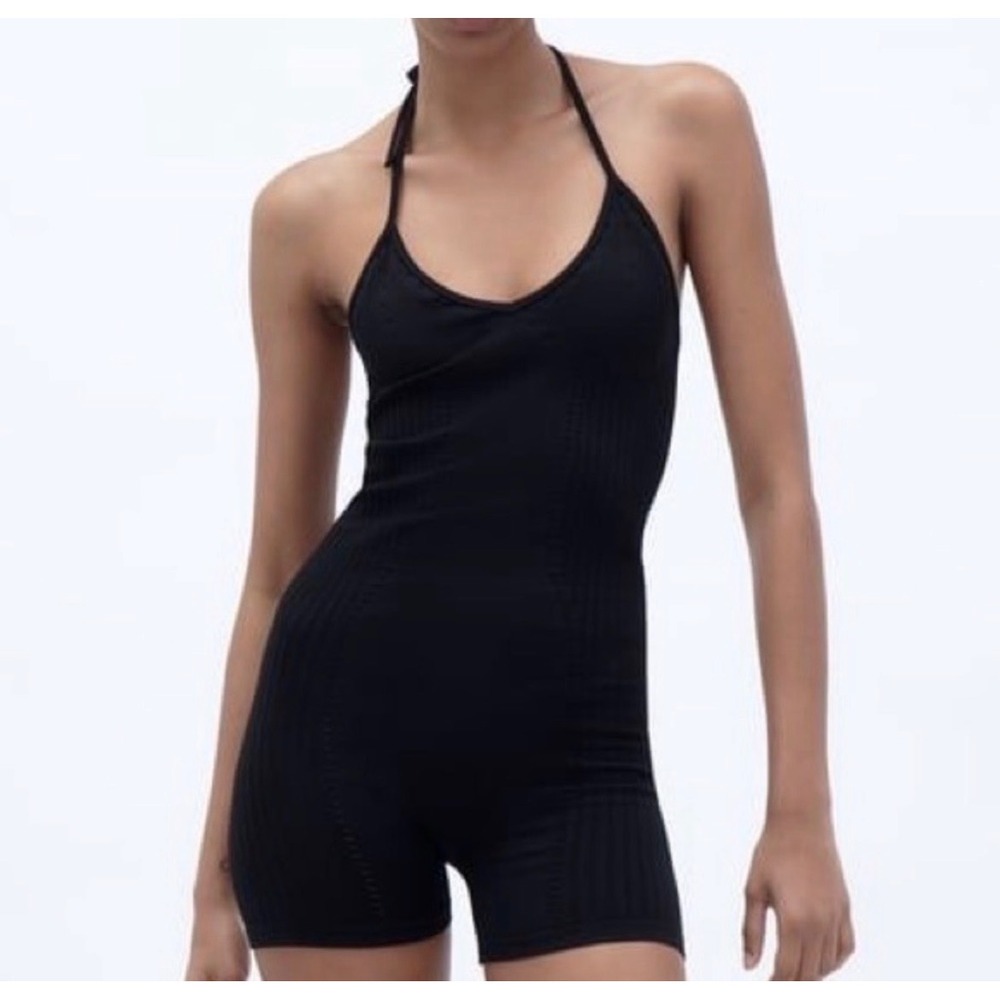 Zara Ribbed Halter Romper Womens M-L Black Seamless Knit Bodysuit Athleisure